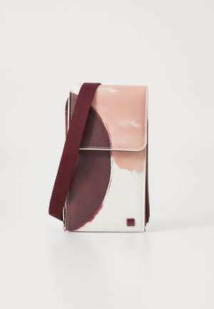 Multicolored crossbody bag with a smooth, printed finish; features a maroon strap and a flap, accented by abstract circular designs.