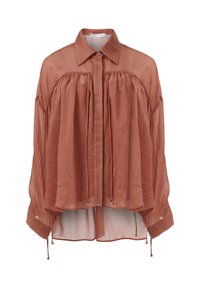  rostfarbene Bluse aus leichtem Stoff, mit durchgehender Knopfleiste, oversize Design, Raffungselementen und verstellbaren Kordeln am Saum.