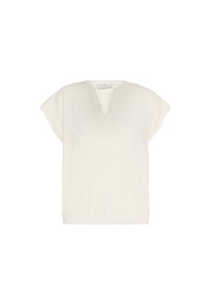 Camiseta blanca de manga corta con escote en V, hecha de una tela texturizada. Presenta un corte ligeramente holgado y un dobladillo recto. Sin patrones ni adornos.