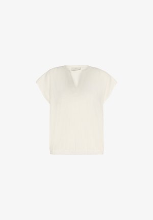 White short-sleeve top with a V-neck, made from textured fabric. Features a slightly loose fit and a straight hem. No patterns or embellishments.