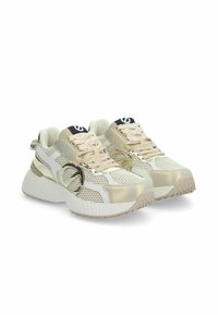 Schoenen in crème en goud mesh, met een gestructureerde zool, vetersluiting en een metallic accent. Zwart logo op de tong.