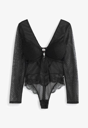 Bodysuit noir avec de longues manches transparentes, des détails en dentelle, une texture à pois, un décolleté en V et une forme triangulaire avec une coupe string.