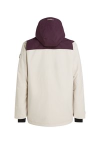 Lys beige jakke med en mørk lilla øverste sektion og hætte. Har et minimalistisk design, glat tekstur og kontrasterende sorte håndled.
