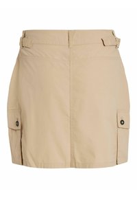 Beige, lätt, knälång kjol med en slät yta, bältesöglor och två sidofickor med cirkulära svarta knappar.