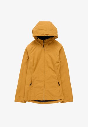 Giacca impermeabile gialla con cappuccio, dotata di una cerniera frontale, due tasche laterali e una fodera interna blu per un contrasto aggiuntivo.