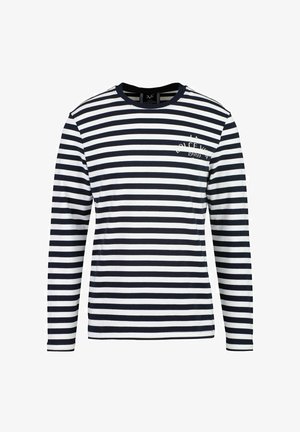Marineblau und weiße gestreifte Langarmbluse mit Rundhalsausschnitt und Logodetails. Hergestellt aus leichtem Material mit glatter Textur.