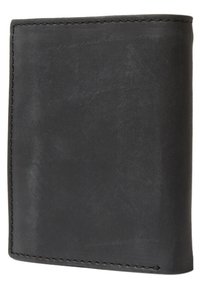Black leather wallet with a smooth texture and a minimalist design. Features sturdy stitching and a rectangular shape.