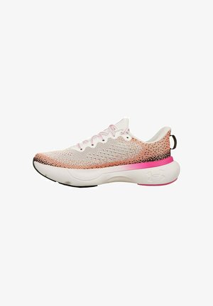 Lightweight athletic shoe with a knitted upper in white and gradient pink, rubber sole, and pink accents on the midsole.