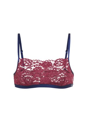 Bordeaux kant bralette met marineblauwe banden en onderband, met bloemmotieven en een zachte textuur. Inclusief verstelbare banden.