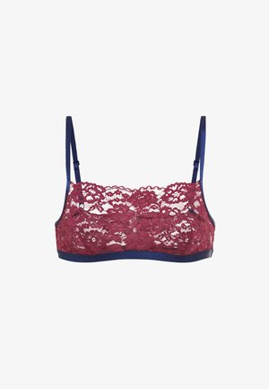 Burgundy lace bralette with navy blue straps and band, featuring floral patterns and a soft texture. Adjustable straps included.