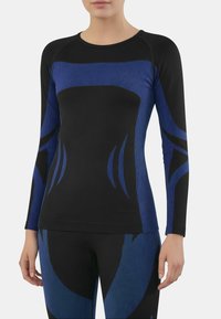 Long-sleeve athletic top featuring a black base with blue striped detail and graphic accents. Made of smooth, stretchy fabric for comfort.