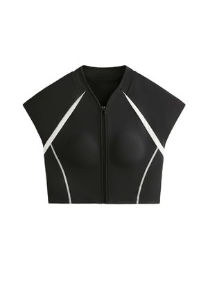 Top negru sport, cu mâneci scurte, scurtat, cu fermoar frontal și dungi albe înclinate pe umeri și părți.