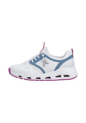 White and blue athletic sneaker with pink sole accents, breathable mesh upper, lace-up closure, and a side logo on a white background.