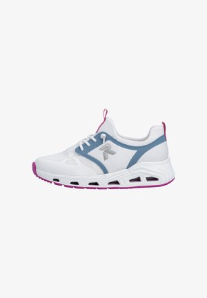 White and blue athletic sneaker with pink sole accents, breathable mesh upper, lace-up closure, and a side logo on a white background.