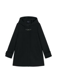 Manteau noir à capuche en tissu texturé, doté d'une fermeture à bascule à l'avant, de deux poches latérales et de manches retroussées.