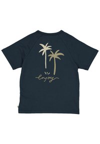 Navy blue short-sleeve shirt with two beige palm tree graphics and the word "enjoy" written in cursive on the back.