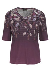 Lila T-Shirt mit kurzen Ärmeln, das ein florales Design mit Blättern in weißen und dunkellila Tönen zeigt, mit Rundhalsausschnitt und gestreifter Textur.