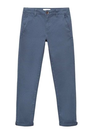 Slim-fit broek gemaakt van blauwe katoenstof met een gladde textuur, voorzien van twee zijzakken, een knoopsluiting en omgeslagen boorden.