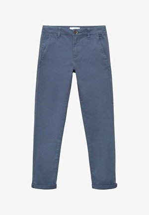 Slim-fit broek gemaakt van blauwe katoenstof met een gladde textuur, voorzien van twee zijzakken, een knoopsluiting en omgeslagen boorden.