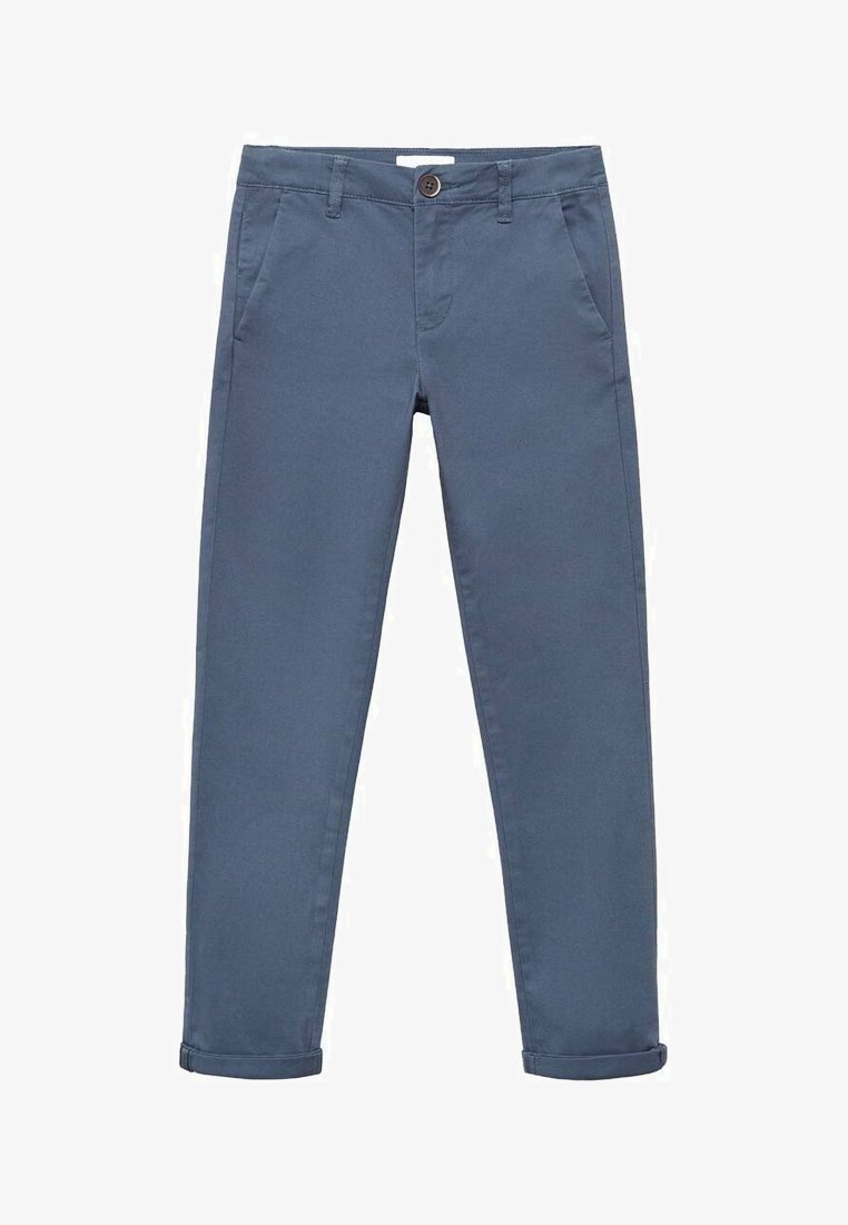 Slim fit hlače od plavog pamučnog materijala s glatkom teksturom, s dva bočna džepa, dugmetom za zatvaranje i zavrnutim manžetama.