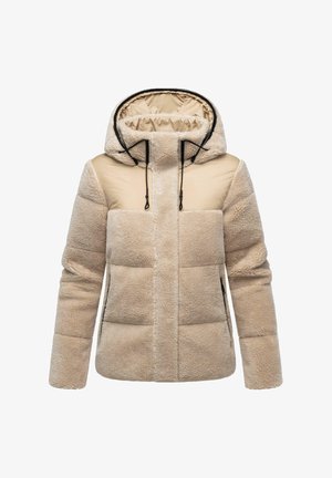 Bežna jakna s podloženjem in mehkim flisom, s kapuco na vezanje ter kontrastno gladko tkanino na ramenih in prsih. Zadrževa stranske žepe.