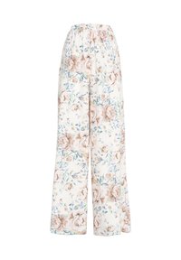 Wide-leg trousers made of lightweight fabric, featuring a floral pattern with pink roses and blue accents, elastic waistband for comfort.