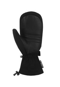 Moufles en cuir noir avec une doublure intérieure douce, un poignet froncé et un cordon réglable au poignet pour un ajustement sécurisé. Présentent des détails cousus.