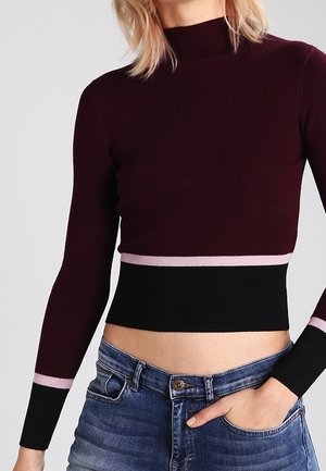 Sweater court en maille côtelée bordeaux avec un col haut et des accents rayés rose et noir à la taille et aux manches.