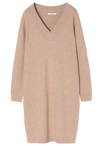 Robe-pull à col en V et manches longues en tissu maille beige. Dotée de poignets et d'un ourlet côtelés, avec une coupe décontractée et une texture douce.