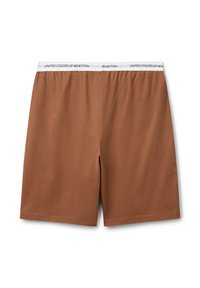Bruine katoenen boxershorts met een elastische tailleband waarop de tekst "UNITED COLORS OF BENETTON" in het wit staat, met een gladde textuur en zonder patronen.