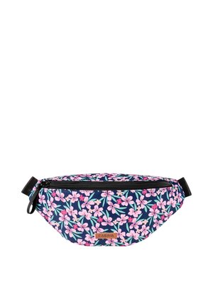 Fanny pack with navy background and pink floral pattern, black zipper and strap, and a small brown rectangular brand label.