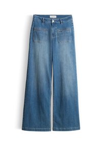 Weite, hellblaue Jeans mit hohem Bund, zwei vorderen Taschen und minimalistischen Design. Weicher Stoff und leicht verblichener Look.