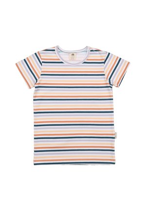 Kurzarm-T-Shirt aus Baumwolle mit horizontalen Streifen in Orange, Blau und Weiß. Verfügt über einen Rundhalsausschnitt und ein Seitenschild-Detail.