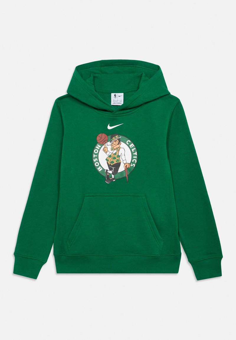 Sweatshirt verde com capuz feito de uma mistura de algodão. Apresenta um bolso frontal e um logotipo circular com um personagem a segurar uma bola de basquete. Logo da Nike acima.