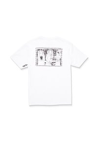 T-shirt en coton blanc avec un design graphique au dos, représentant divers visages en art linéaire noir dans un cadre rectangulaire.