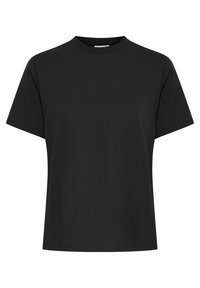 Sort kortærmet T-shirt lavet af glat bomuld, med rund halsudskæring og en afslappet pasform uden synlige mønstre eller hardware.
