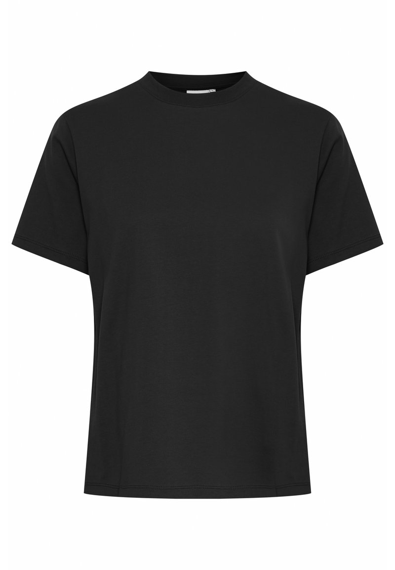 Sort kortærmet T-shirt lavet af glat bomuld, med rund halsudskæring og en afslappet pasform uden synlige mønstre eller hardware.