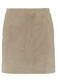 Minifalda de ante beige con una textura suave, que presenta un corte recto y detalles de costura mínimos a lo largo del centro.