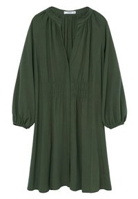 Vihreä, polvipitkä mekko, joka on valmistettu kevyestä kankaasta. Ominaisuuksiin kuuluvat pitkät, puffimaiset hihat, syvä V-pääntie ja rypytetty yksityiskohta vyötäröllä.