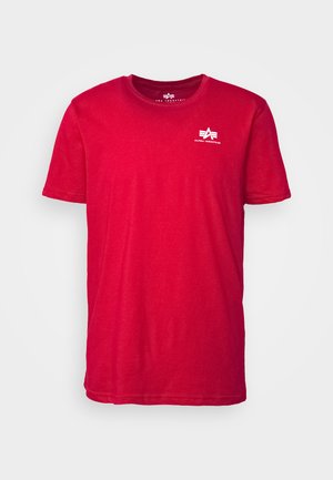 Red short-sleeve T-shirt made of cotton, featuring a round neck. Includes a white logo on the upper left side. Smooth texture.