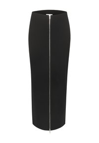 Sort højtaljet blyantskirt med en lynlås i sølv foran i fuld længde, tætsiddende silhuet og rent, minimalistisk design.