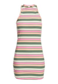 Top senza maniche a righe con un texture a costine, con strisce orizzontali nei colori verde, rosa, bianco e pesco chiaro. Collo alto.