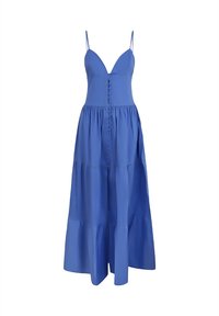 Abito lungo in cotone blu con spalline sottili, scollatura a V, dettagli con bottoni sul davanti e gonna a balze. Tessuto morbido e design leggero.