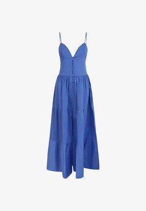 Abito lungo in cotone blu con spalline sottili, scollatura a V, dettagli con bottoni sul davanti e gonna a balze. Tessuto morbido e design leggero.