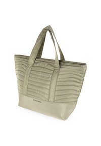 Bolsa de mano acolchada en verde claro, con textura de acolchado, asas dobles y un panel inferior liso con detalle de logo.