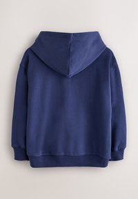 Navy blue hooded sweatshirt with a textured fabric, ribbed cuffs, and hem. Features a relaxed fit and a double-stitched hood.