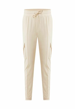 Beige Jogger-Hosen mit schmalem Schnitt, elastischem Bund und Kordelzug. Mit Seitentaschen und einem glatten, leichten Stoff.