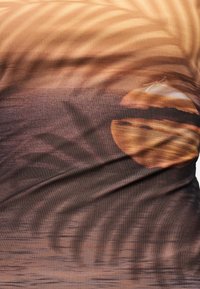 Ηλιοβασίλεμα που αντανακλάται στο νερό με απαλές κυματιστές και σκιές φοινικόφυλλων δημιουργώντας μια ζεστή, τροπική ατμόσφαιρα.