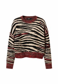 Crewneck-paita musta-beige tiikeriraidoilla ja punaisilla yksityiskohdilla hihoissa, helmassa, kauluksessa ja hajautetuissa raidoissa.