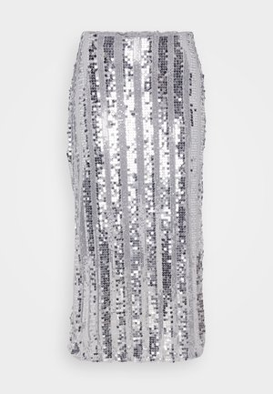 Gonna argentata con paillettes che presenta strisce verticali di dimensioni variabili, texture liscia e forma aderente. Lavabile in lavatrice con design a slip-on.
